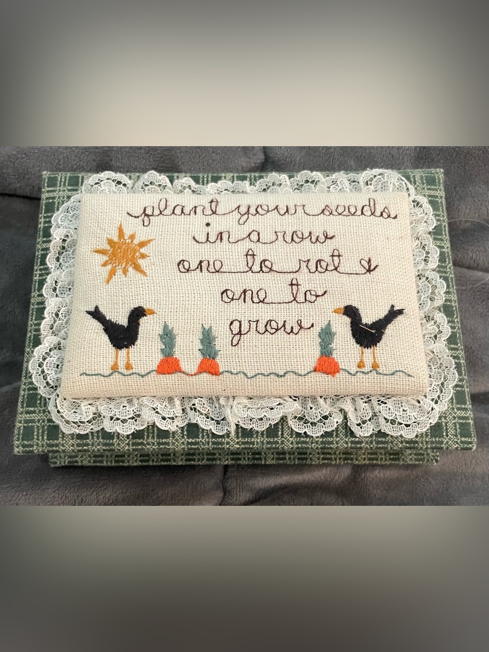 1983 Folk Art Embroidered Fabric Sample Notepad and Pencil Holder